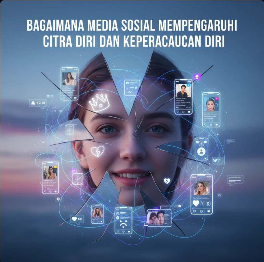 Siluet seseorang melihat pantulan dirinya di layar smartphone dengan simbol media sosial di sekitarnya.