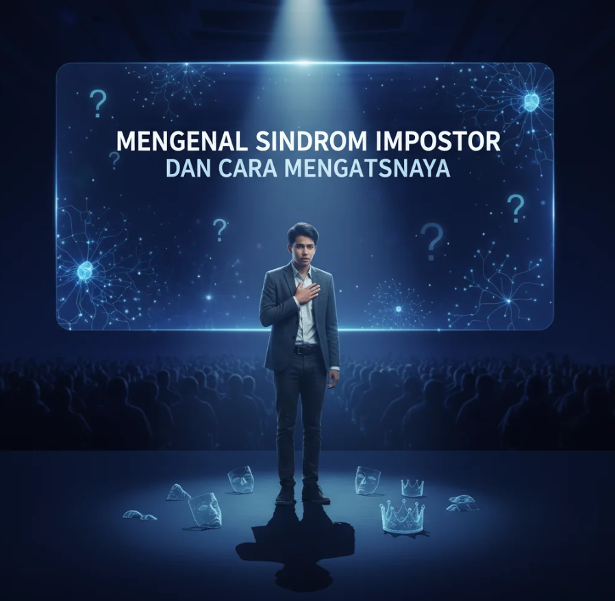 Seorang wanita duduk di depan cermin, melihat bayangannya yang tersenyum sebagai simbol penerimaan diri dari sindrom impostor.