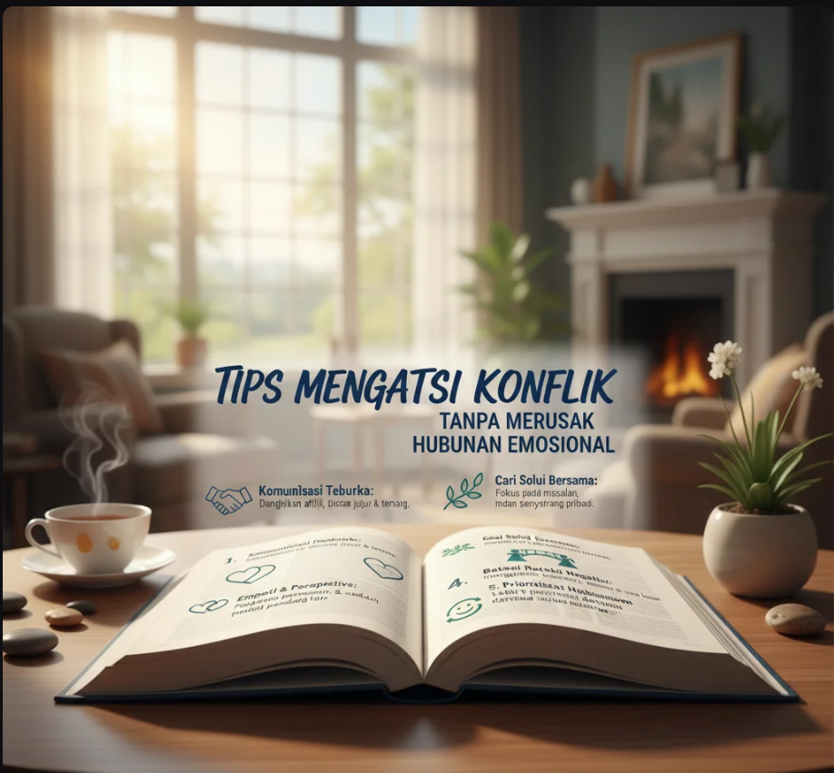 Ilustrasi dua orang berdiskusi dengan pendekatan empatik untuk menyelesaikan konflik.