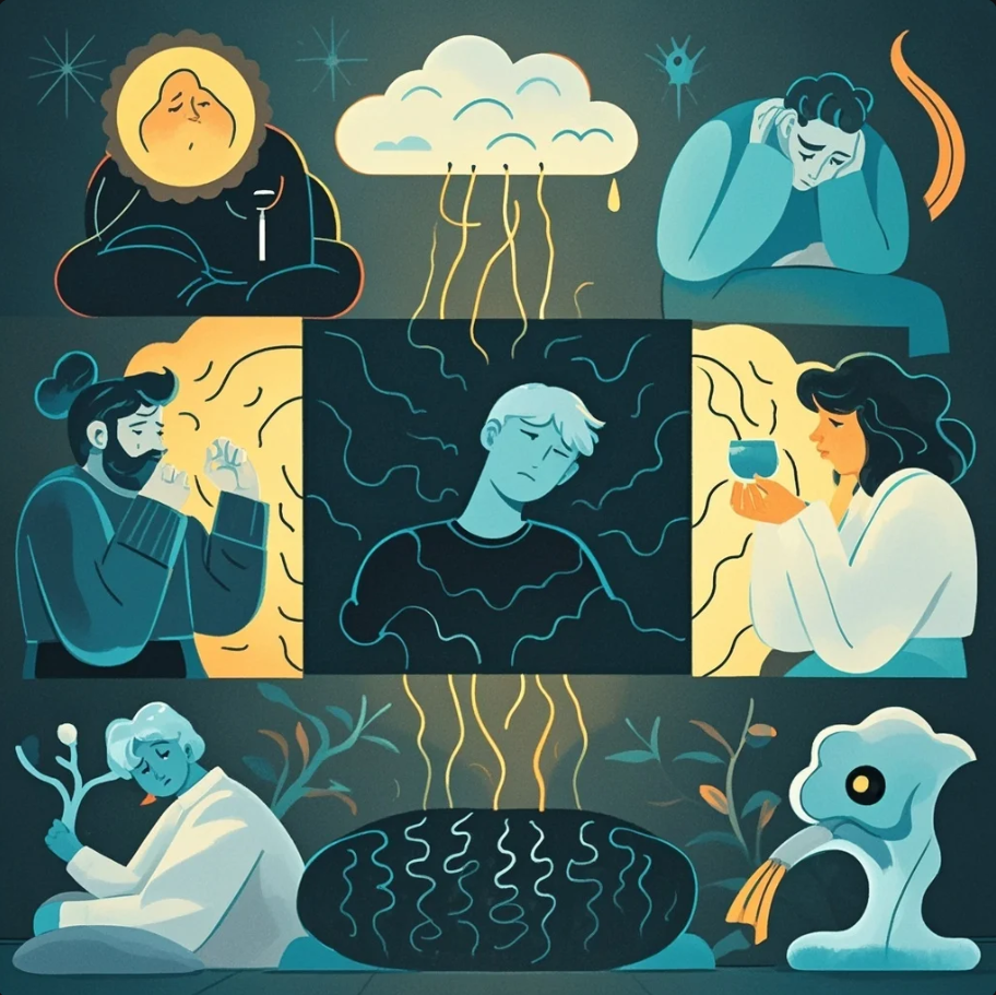 Ilustrasi tiga kondisi emosi: kepala penuh beban (stres), pikiran berputar (cemas), dan tubuh terasa berat (depresi) dalam gaya minimalis.”