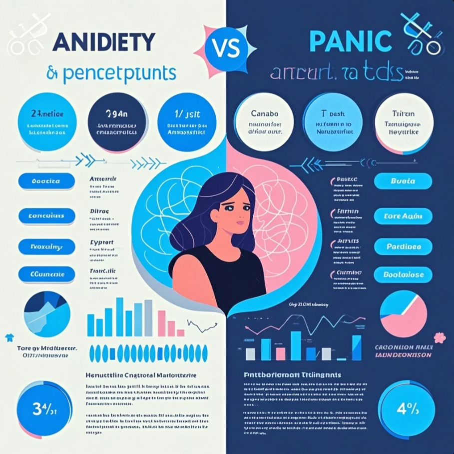 Ilustrasi seseorang memegang dada dan bernapas cepat, dengan dua label: anxiety dan panic attack, dalam desain edukatif
