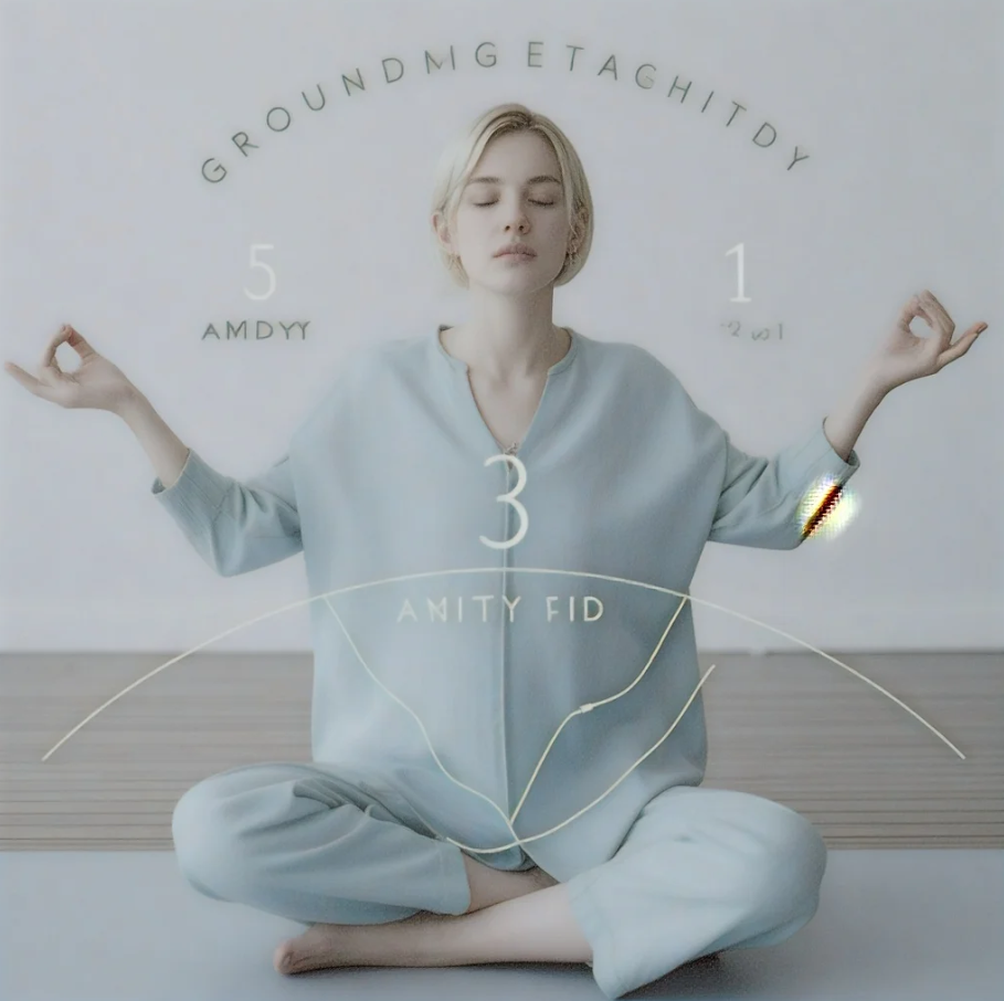 Seseorang duduk tenang sambil memperhatikan lingkungan sekitar, dengan ilustrasi angka 5-4-3-2-1 dan ikon pancaindra