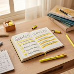 Seseorang menulis tujuan hidup di jurnal dengan suasana tenang dan penuh fokus