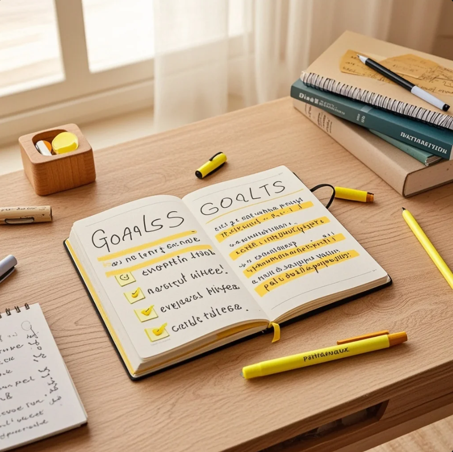 Seseorang menulis tujuan hidup di jurnal dengan suasana tenang dan penuh fokus