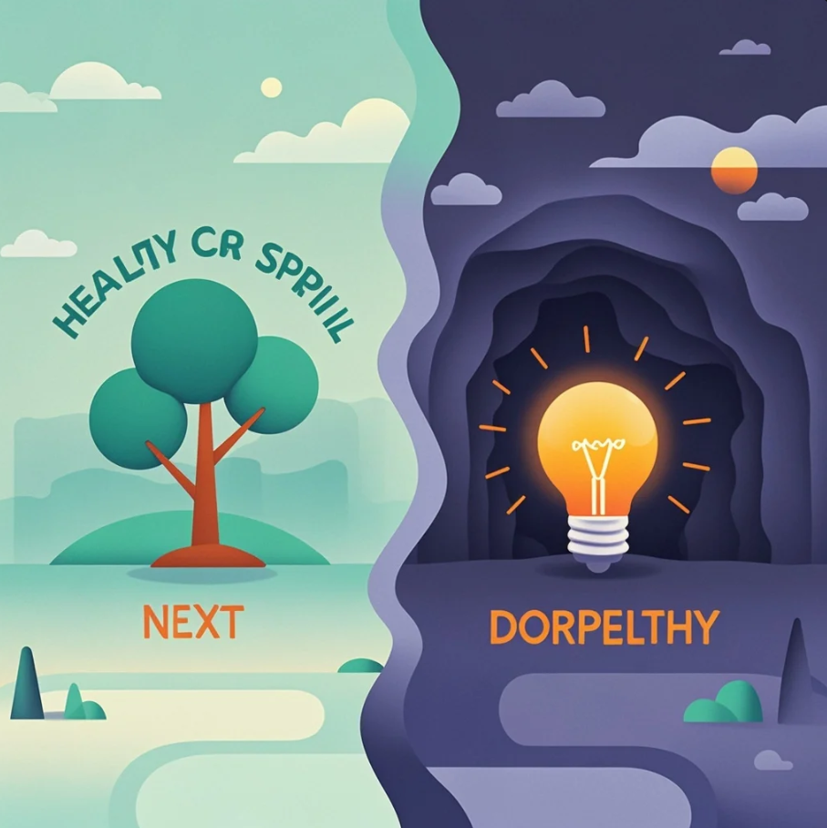 Ilustrasi seseorang memilih antara jalan sehat dan tidak sehat, simbol coping skill dengan latar suasana refleksi diri