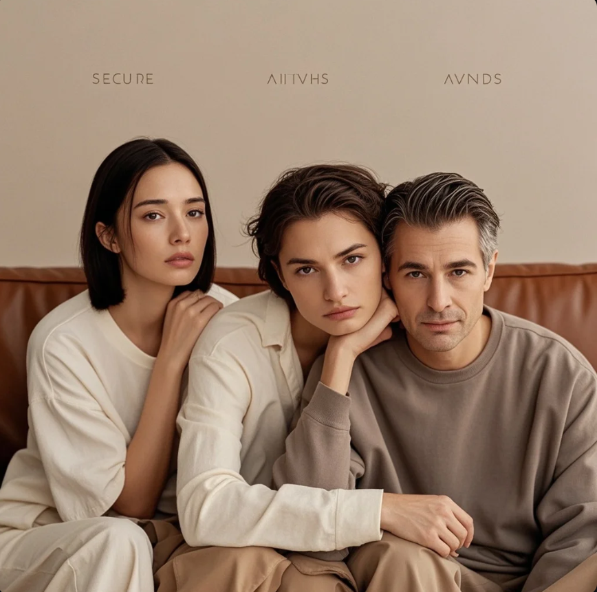 Ilustrasi pasangan dewasa dengan ekspresi emosional berbeda yang merepresentasikan attachment style